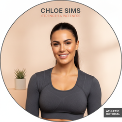 Portrait of Chloe Sims, a confident woman with an athletic build, smiling, wearing charcoal activewear. The background is sof