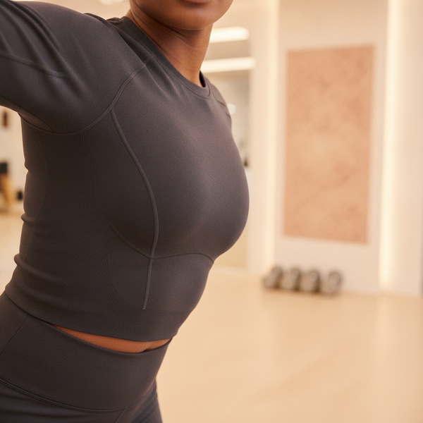 Close-up of a woman's torso wearing a charcoal activewear top, showing intricate interlock knit fabric and strategic seams.