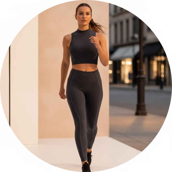 Woman in charcoal Aerelle Strivaro activewear set walking confidently on an urban street at dusk, showcasing the set's versat