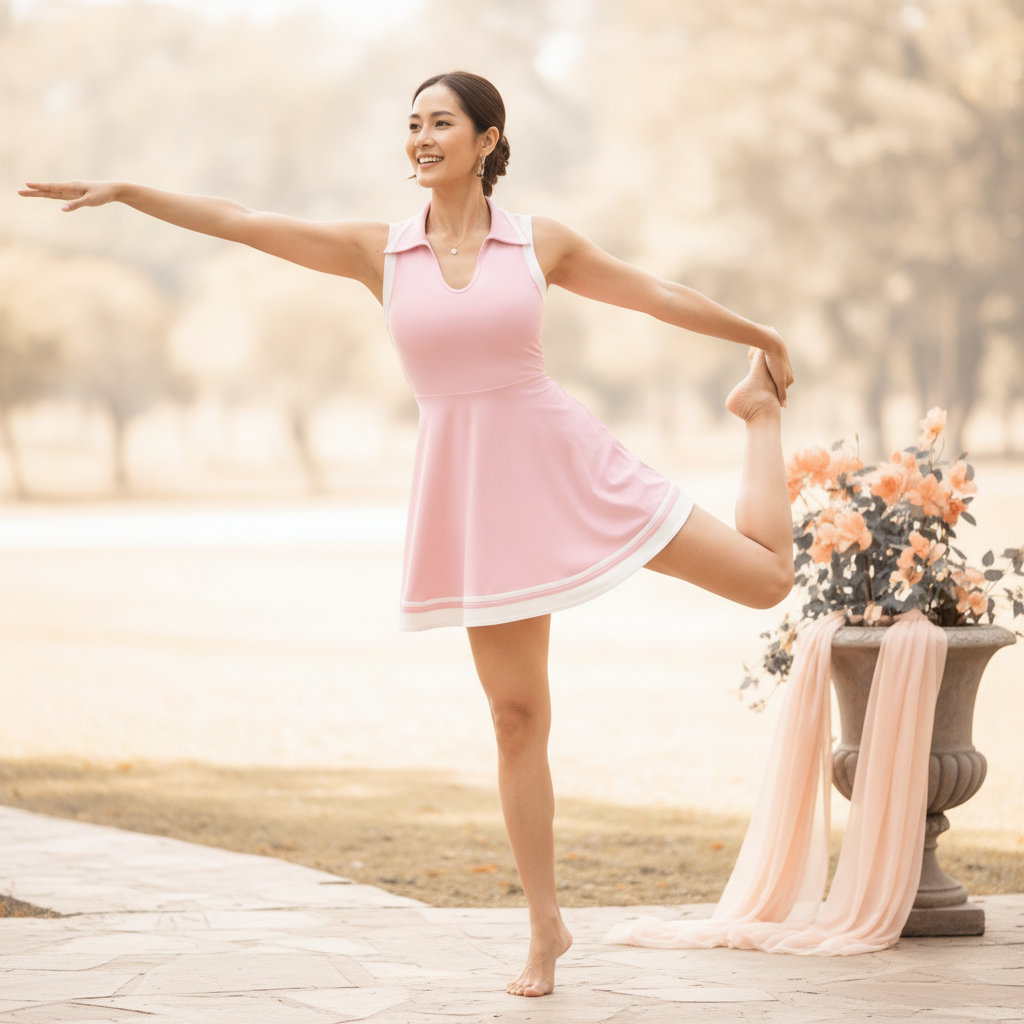 A woman in 'Aerelle' activewear stretches outdoors, captured in a candid, editorial-style square portrait, with a serene expr