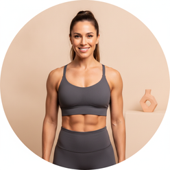 Close-up circular portrait of Sarah Jenkins, a smiling woman with an athletic build, wearing charcoal activewear.