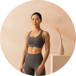 Circular portrait of Jessica Chen, a fit woman in charcoal activewear, looking at the camera with a serene expression.
